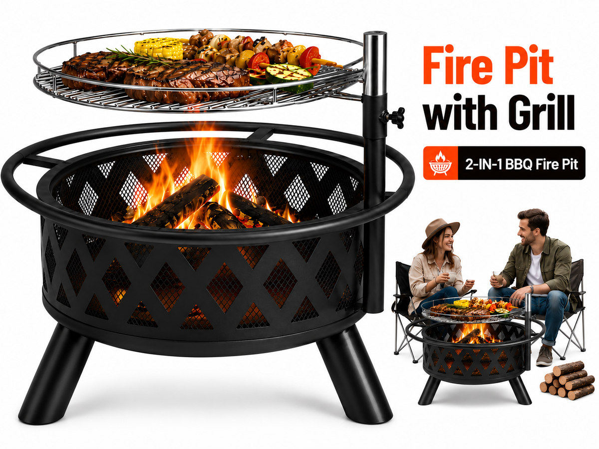 Fire Pit with Grill 2 in 1 Wood Burning Outdoor Fire Pit BBQ for Patio Backyard
