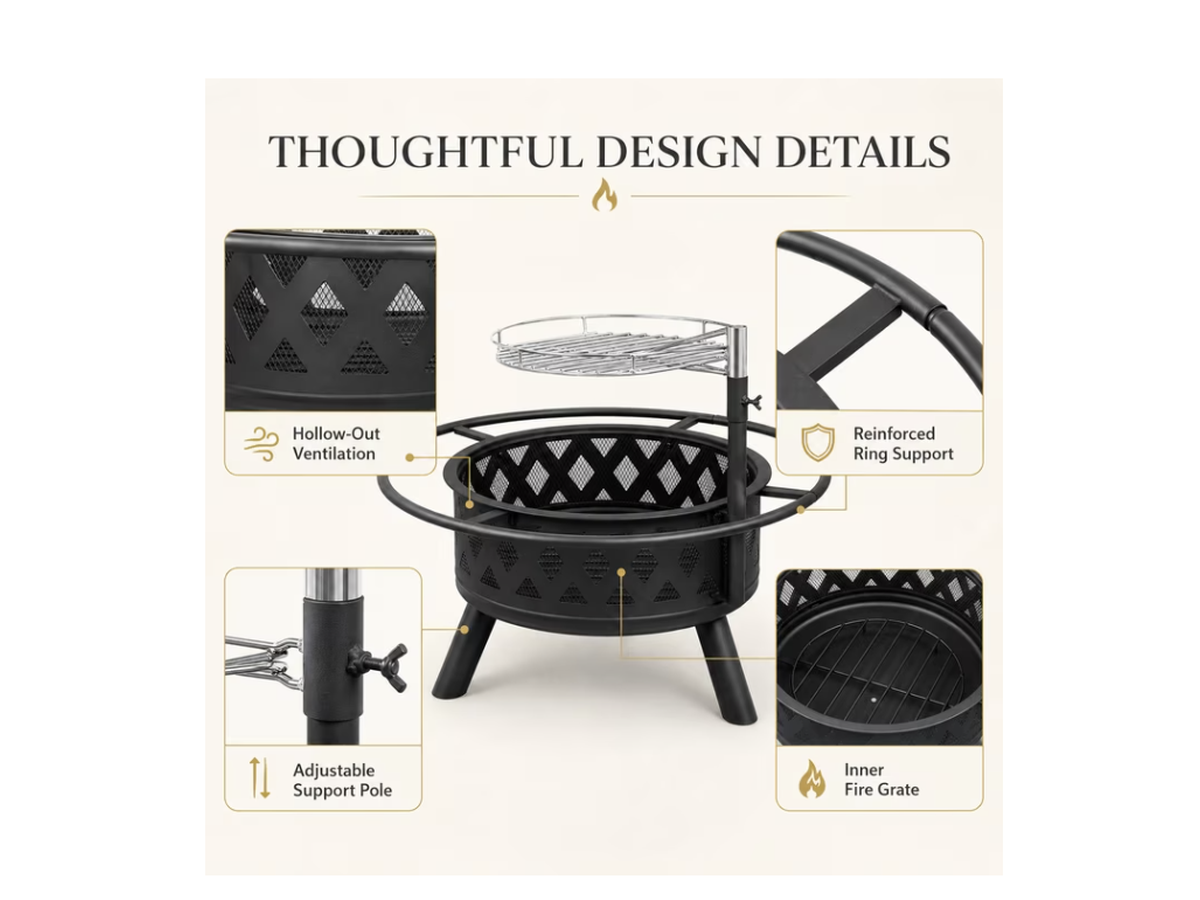 Fire Pit with Grill 2 in 1 Wood Burning Outdoor Fire Pit BBQ for Patio Backyard