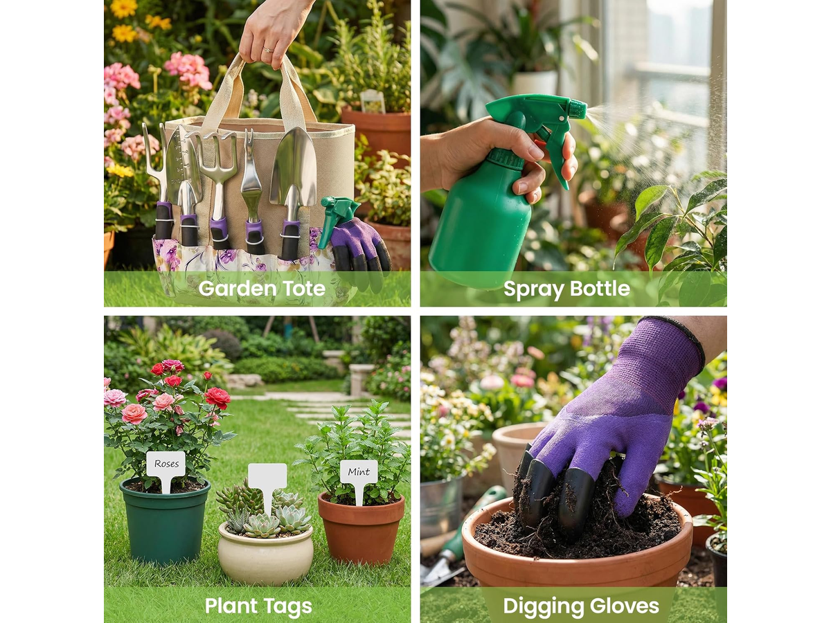 Garden Tools Set Stainless Steel Gardening Kit with Floral Tote Bag