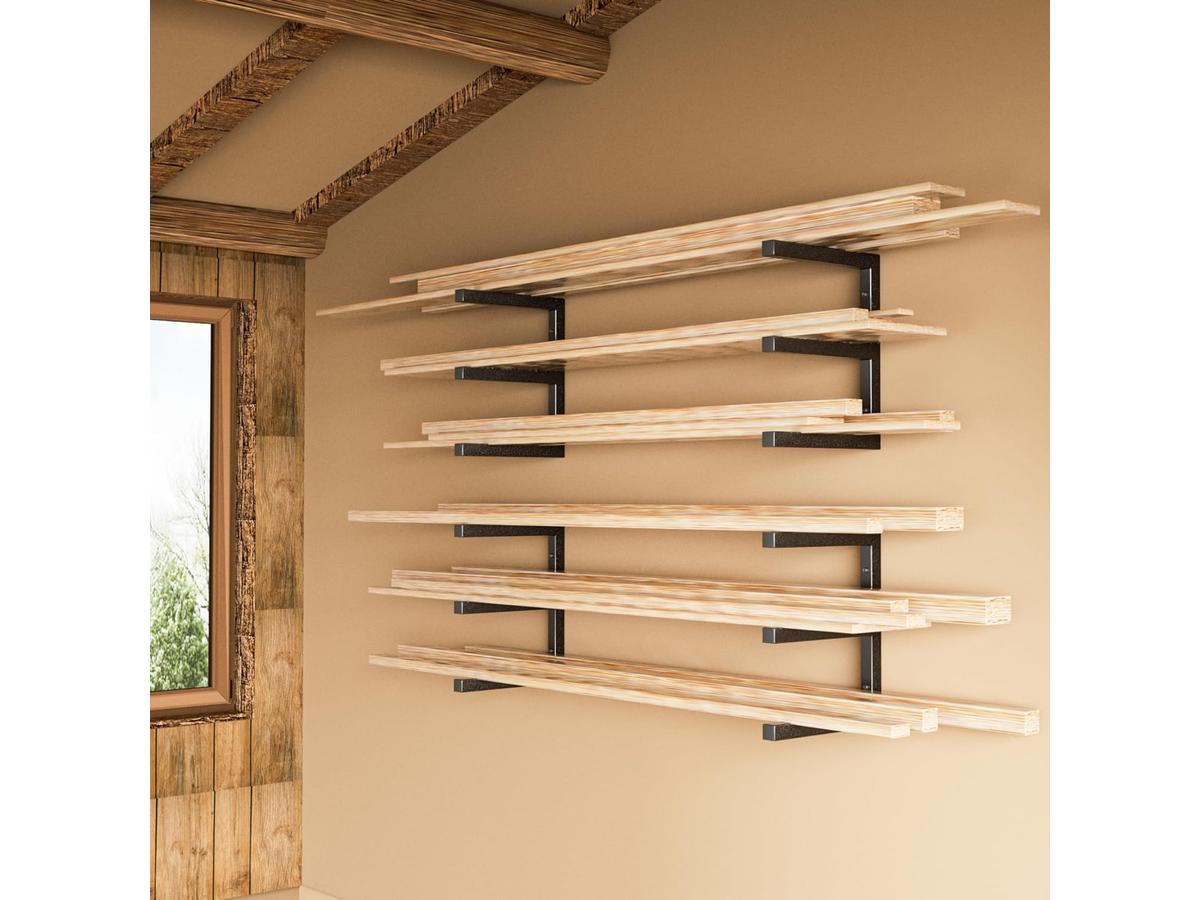 Lumber Storage Rack Wall Mount 6 Tier Heavy Duty Steel Wood Organizer