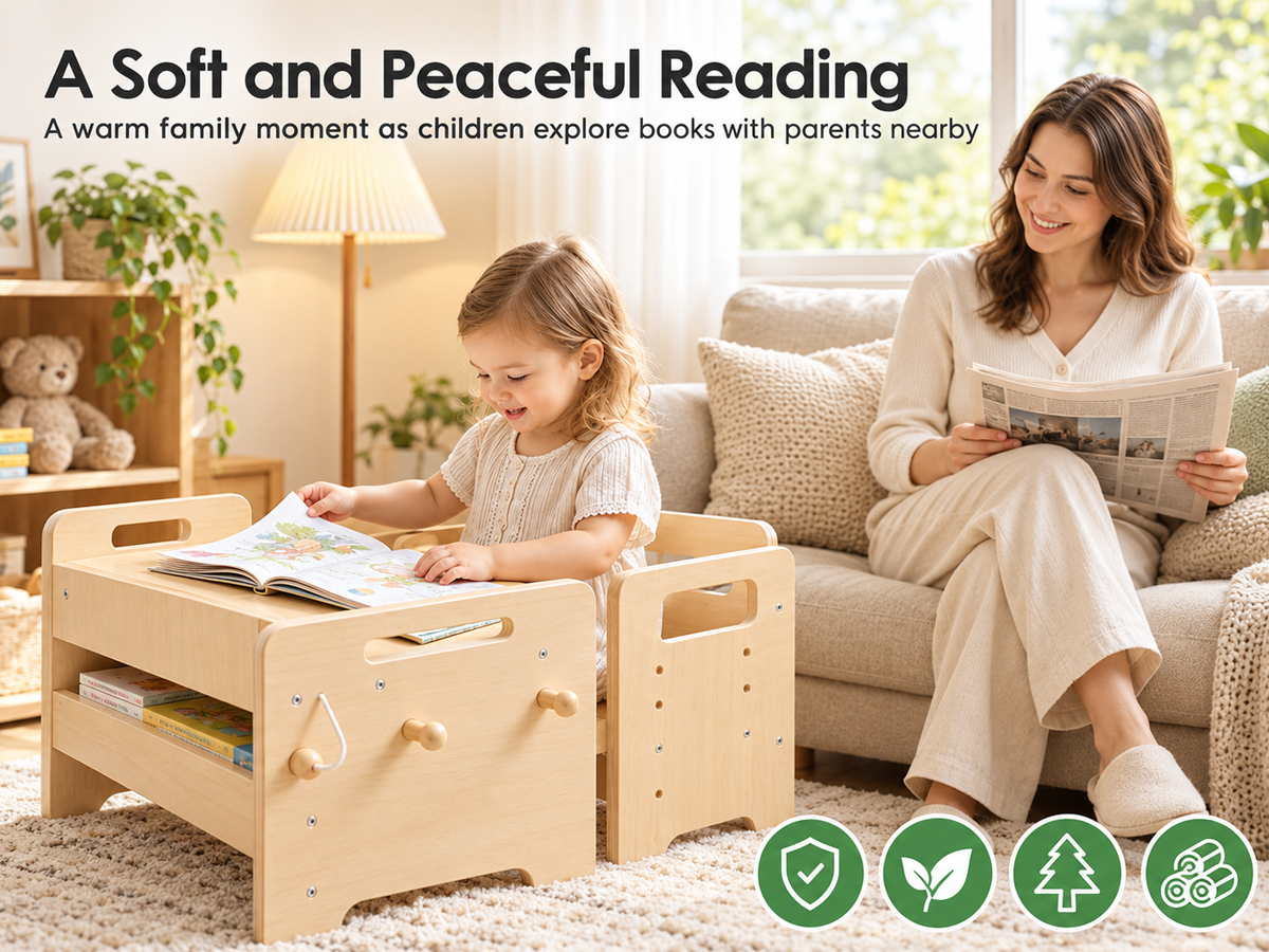 Wooden Activity Table and Chair Set Adjustable Montessori Learning Play Furniture