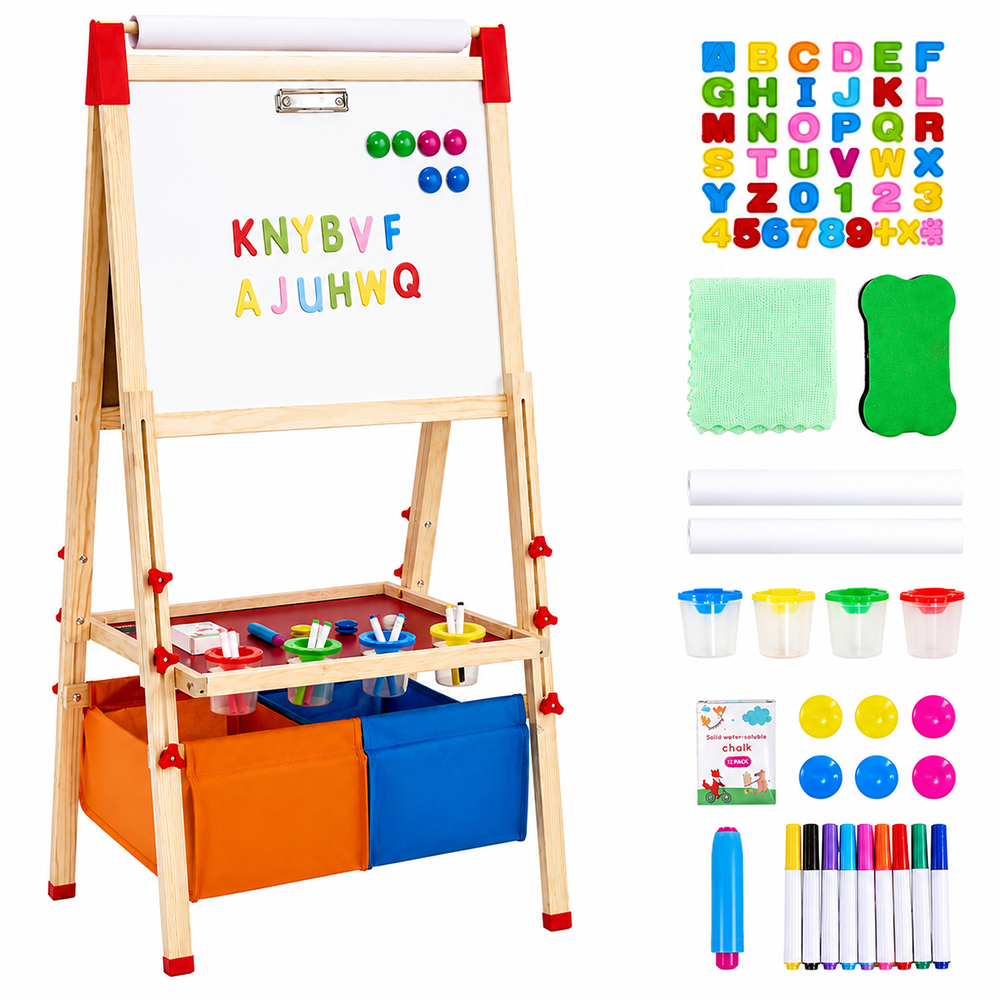 Magnetic Whiteboard Chalkboard with Paper Roll Wooden Art Easel