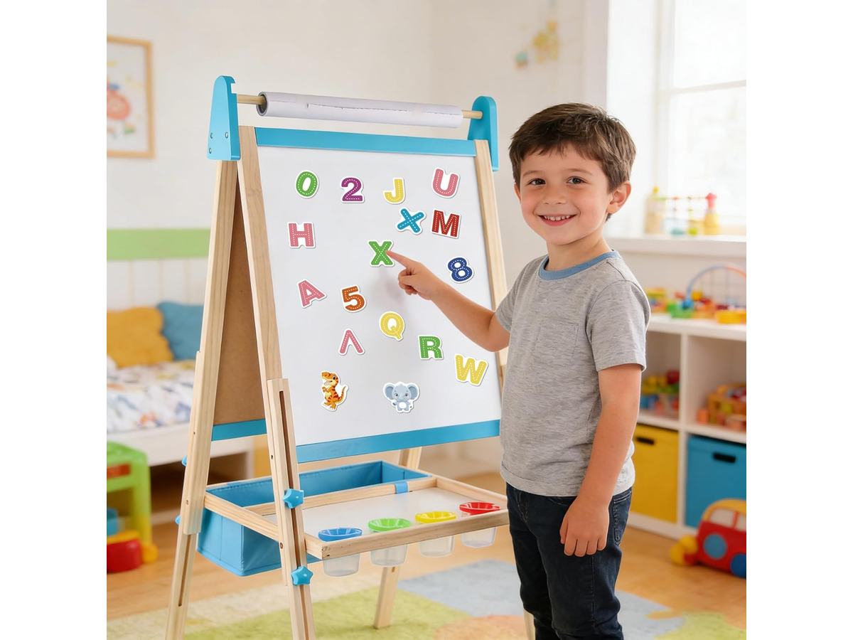 Wooden Art Easel 2 in 1 Double Sided Adjustable Whiteboard and Chalkboard with Paper Roll