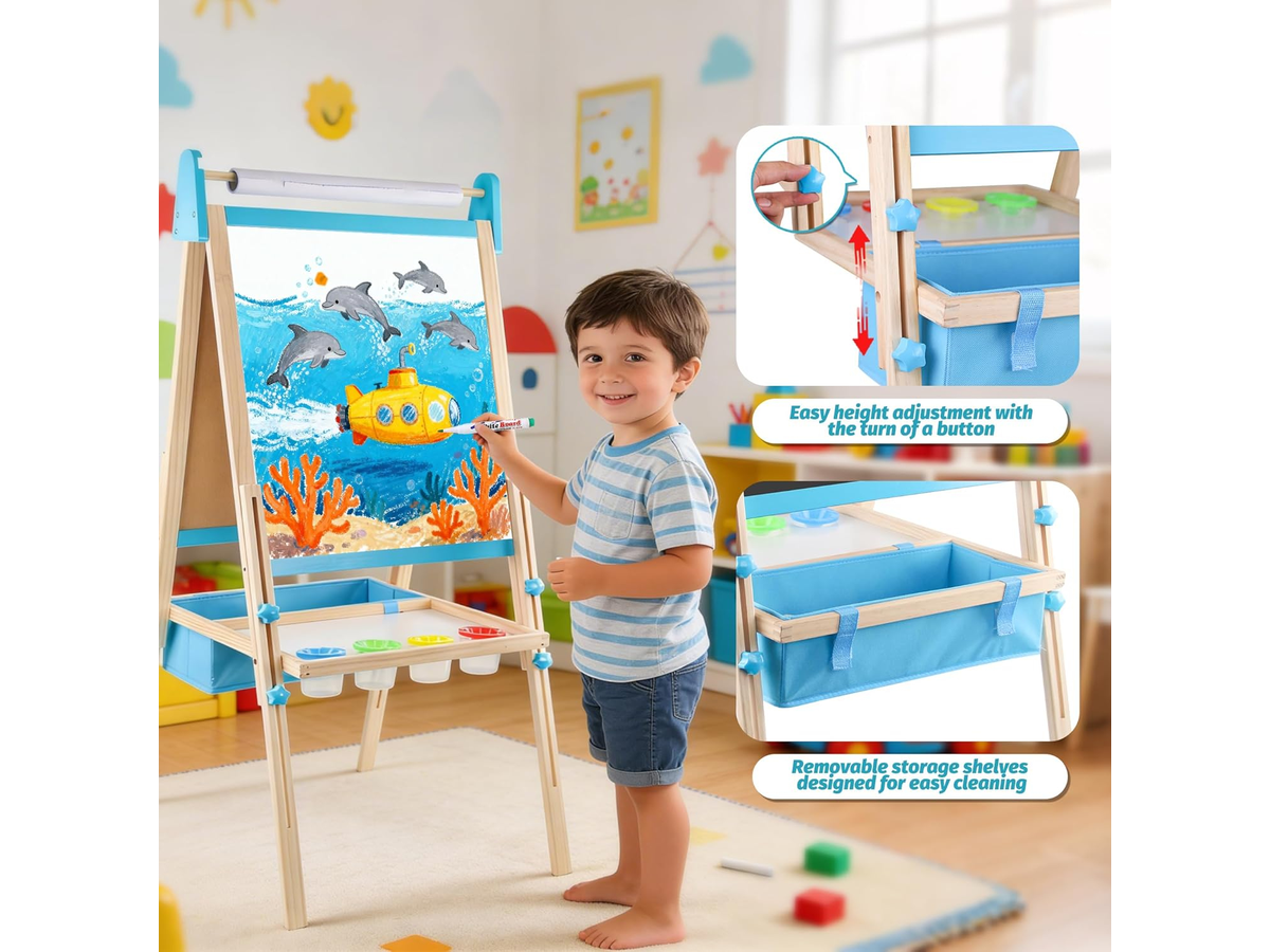 Wooden Art Easel 2 in 1 Double Sided Adjustable Whiteboard and Chalkboard with Paper Roll