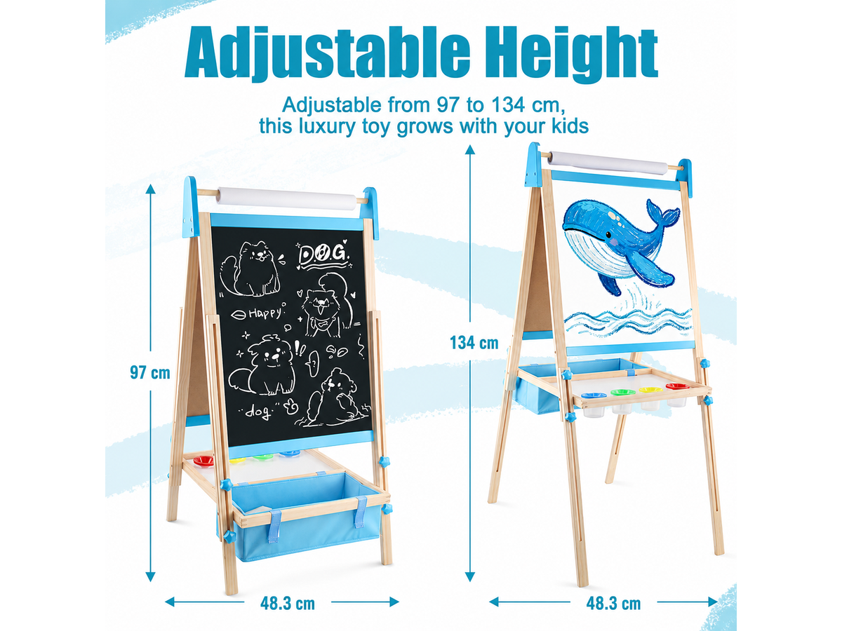 Wooden Art Easel 2 in 1 Double Sided Adjustable Whiteboard and Chalkboard with Paper Roll