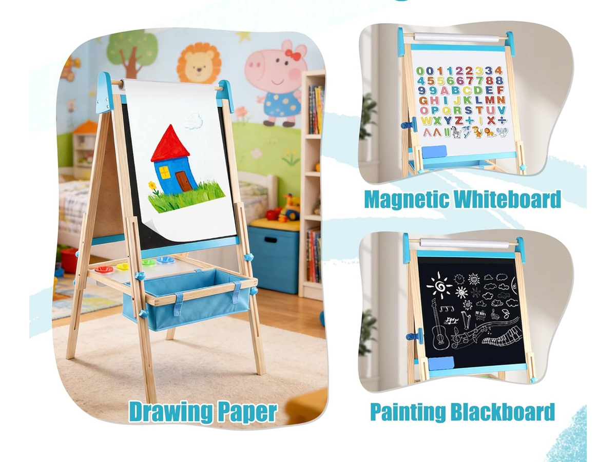 Wooden Art Easel 2 in 1 Double Sided Adjustable Whiteboard and Chalkboard with Paper Roll