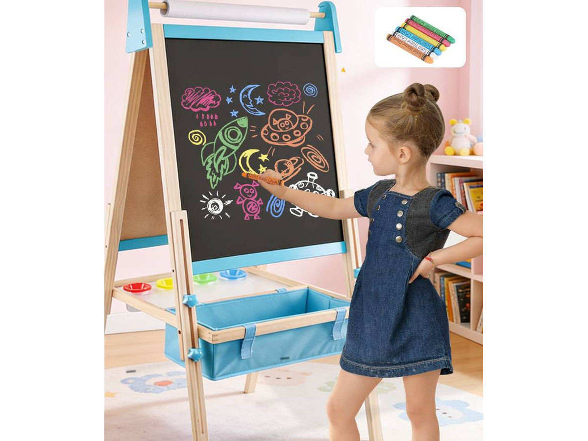 Wooden Art Easel 2 in 1 Double Sided Adjustable Whiteboard and Chalkboard with Paper Roll