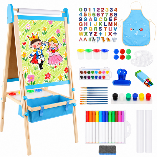Wooden Art Easel 2 in 1 Double Sided Adjustable Whiteboard and Chalkboard with Paper Roll