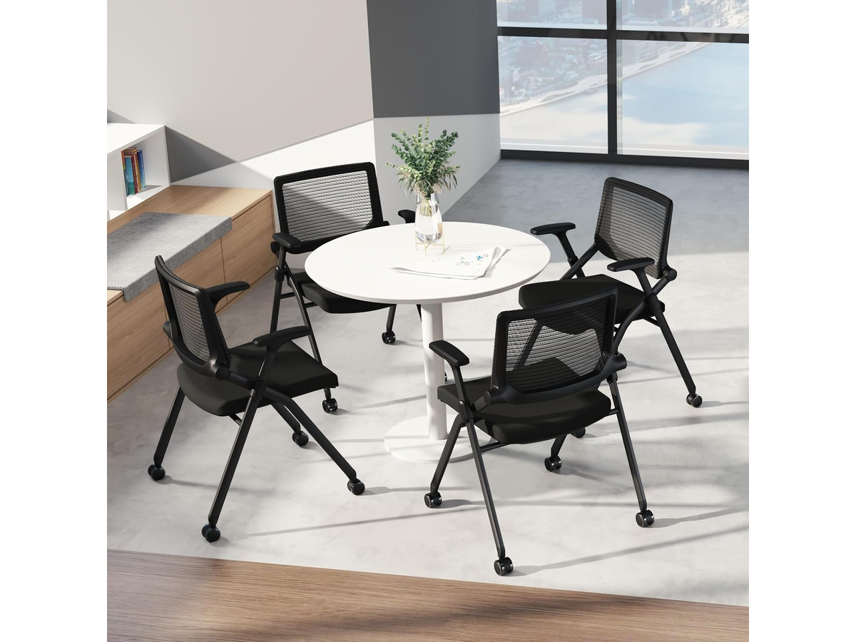 Folding Mesh Meeting Chairs with Wheels Adjustable Arms