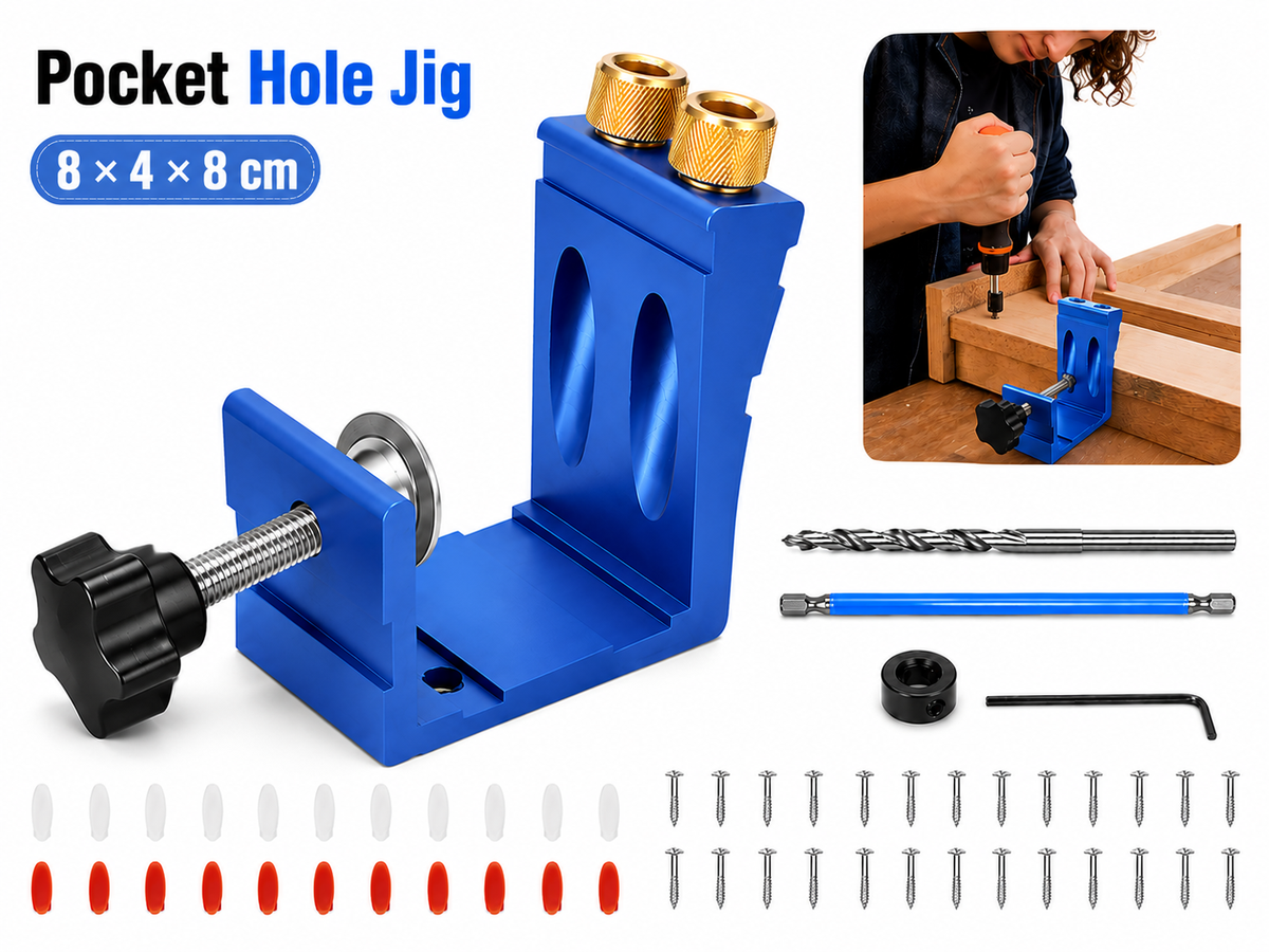 Pocket Hole Jig Kit Adjustable Woodworking Drill Guide with Locator and Accessories