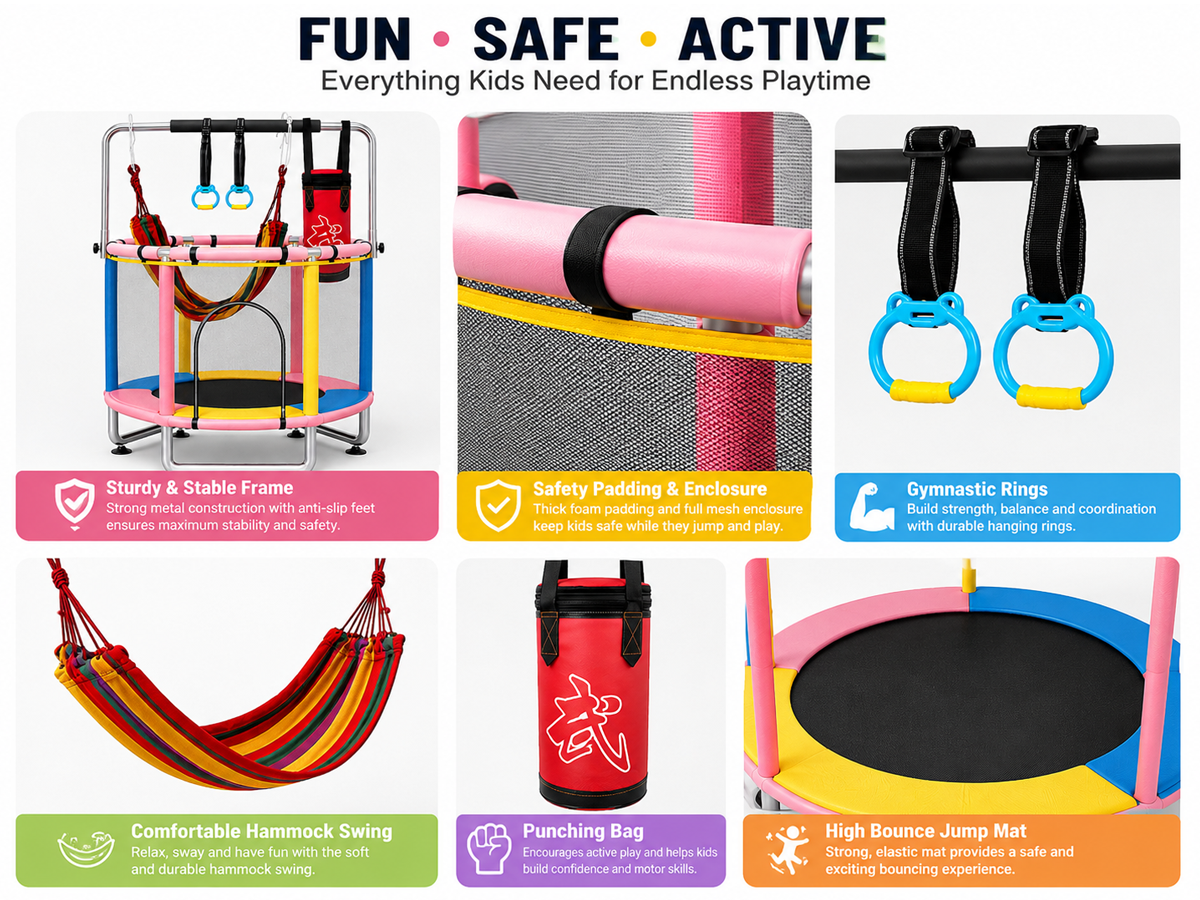 Trampoline Indoor Outdoor Trampoline with Safety Net Gymnastics Bar Swing and Basketball Hoop