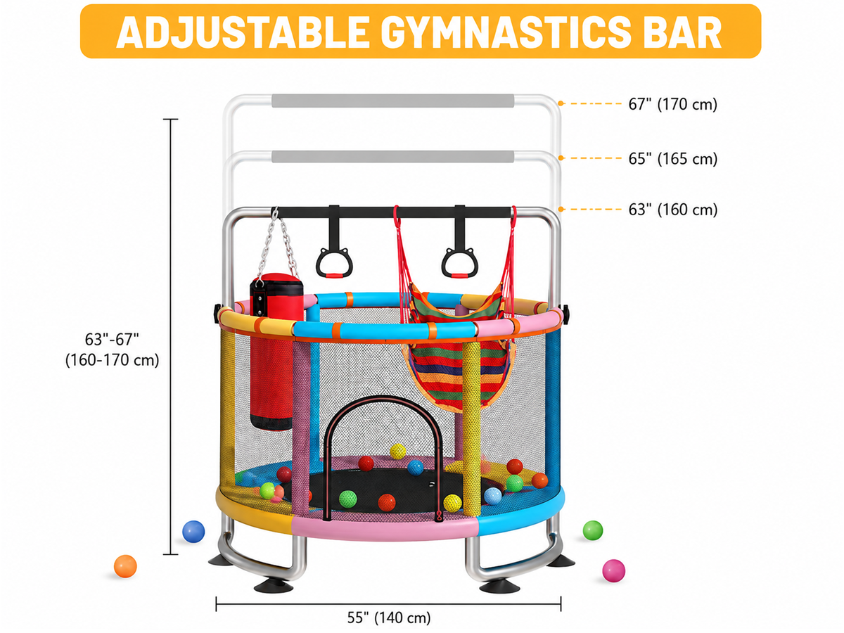 Trampoline Indoor Outdoor Trampoline with Safety Net Gymnastics Bar Swing and Basketball Hoop