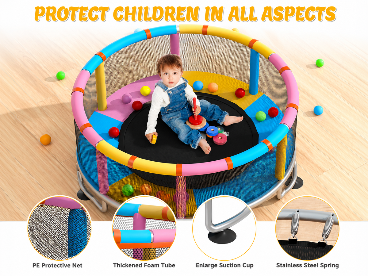 Trampoline Indoor Outdoor Trampoline with Safety Net Gymnastics Bar Swing and Basketball Hoop