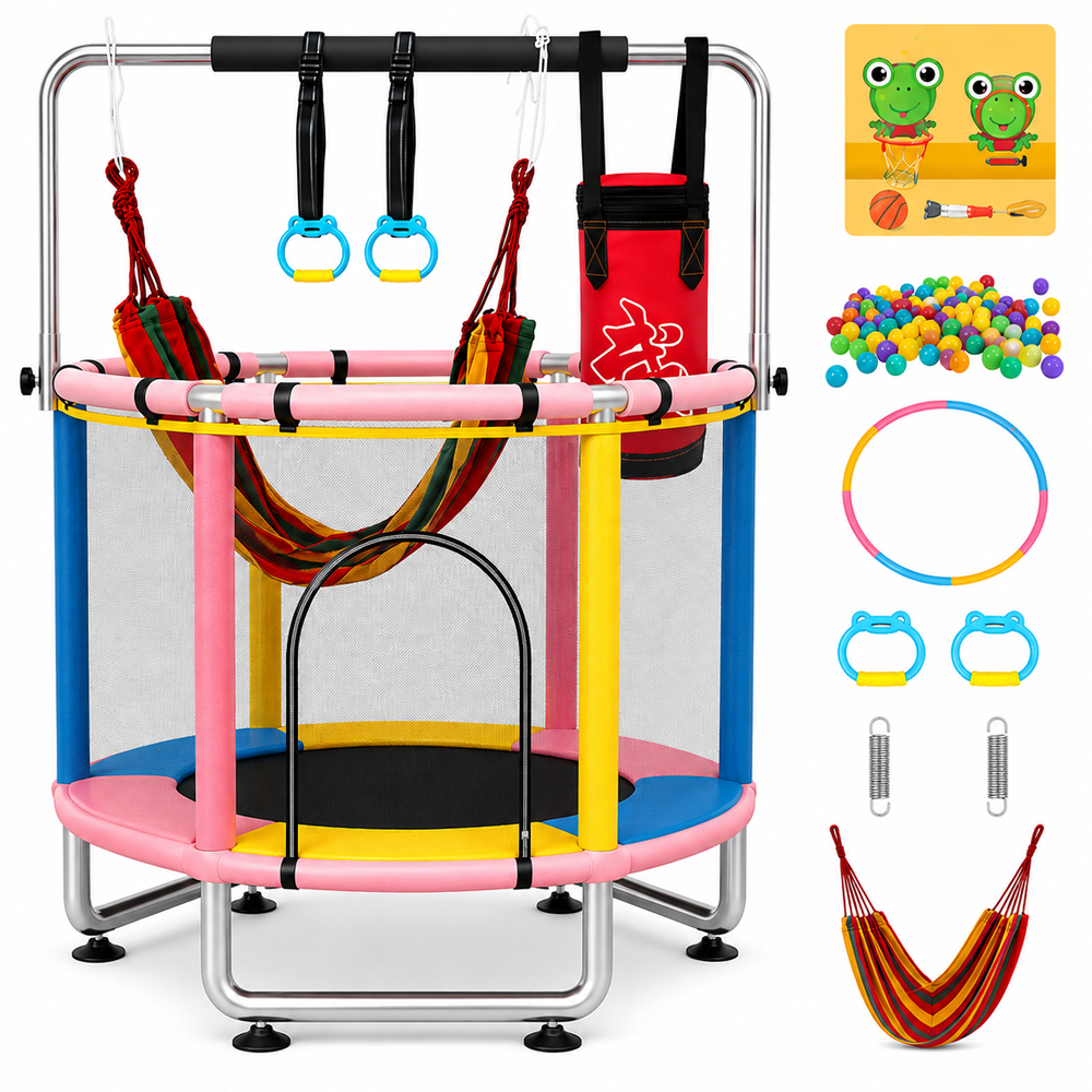 Trampoline Indoor Outdoor Trampoline with Safety Net Gymnastics Bar Swing and Basketball Hoop