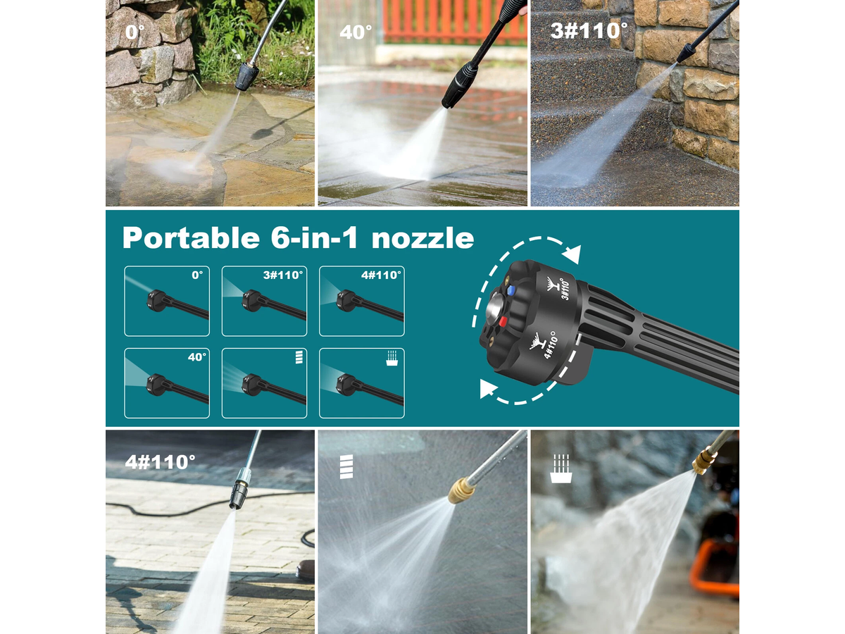 Cordless Pressure Washer 21V Portable Power Washer with 2 Batteries 6 in 1 Nozzle