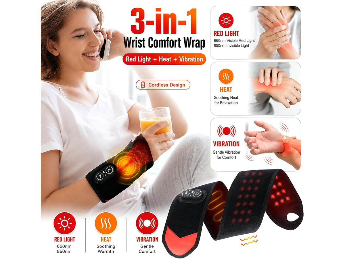 Red Light Therapy Wrist Heating Pad Cordless Heated Wrap with Vibration Massage