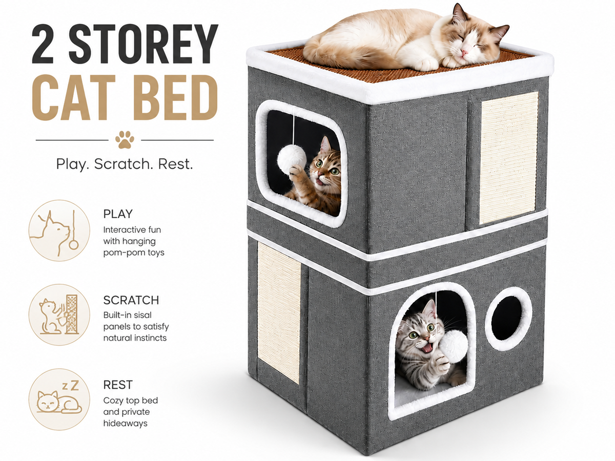 Cat House Foldable Cat Bed Cave with 2 Hideaway Condos Scratch Pads