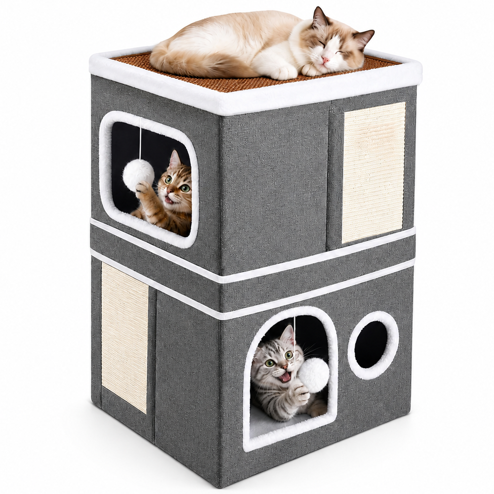 Cat House Foldable Cat Bed Cave with 2 Hideaway Condos Scratch Pads