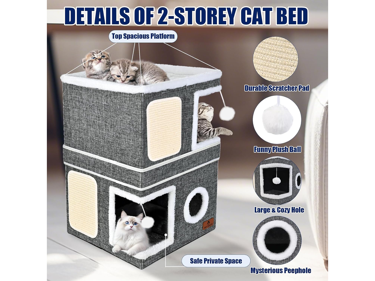 Cat House Foldable Cat Bed Cave with 2 Hideaway Condos Scratch Pads