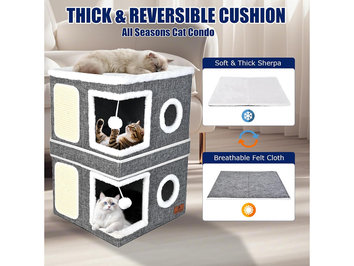 Cat House Foldable Cat Bed Cave with 2 Hideaway Condos Scratch Pads