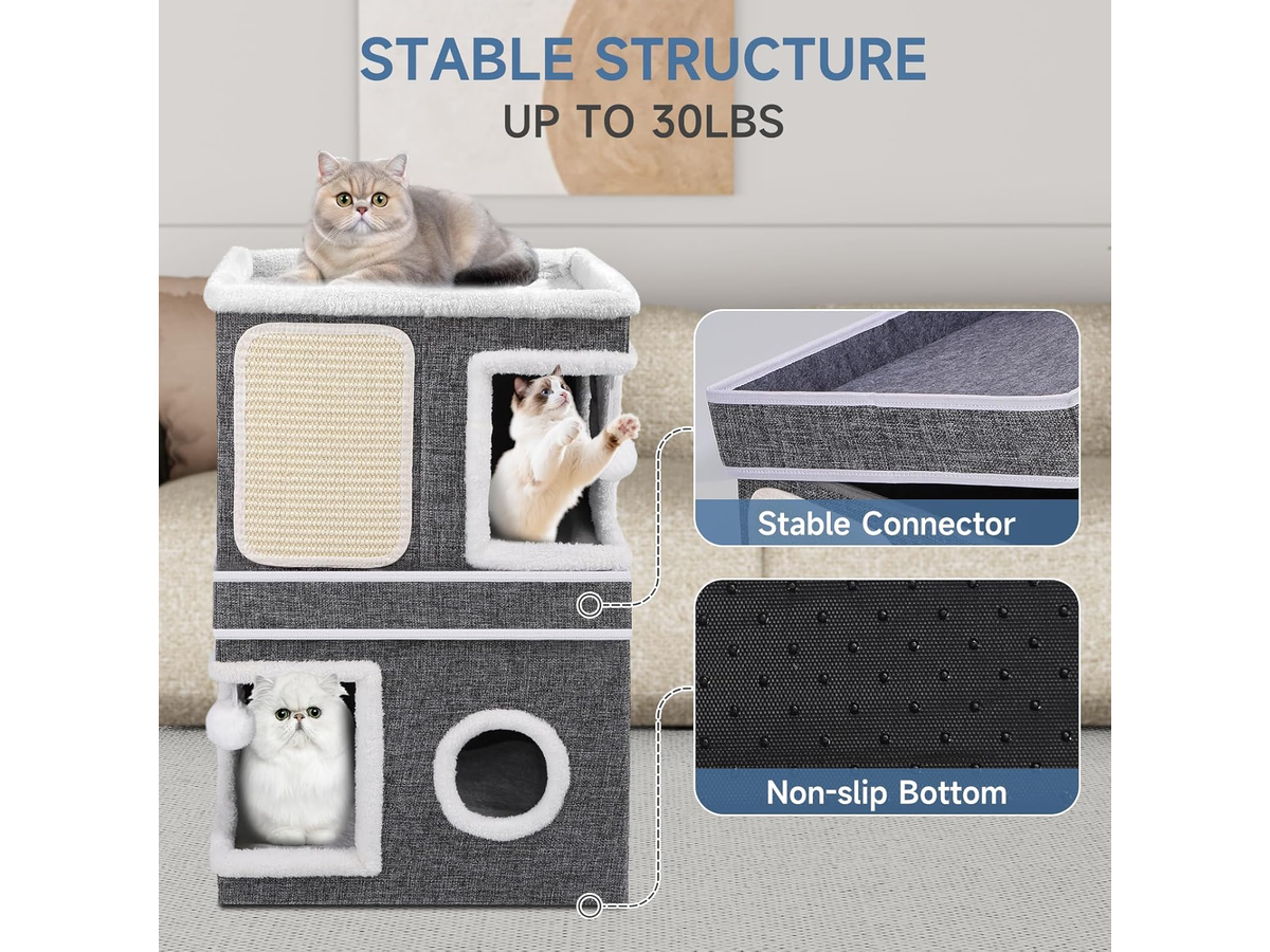 Cat House Foldable Cat Bed Cave with 2 Hideaway Condos Scratch Pads