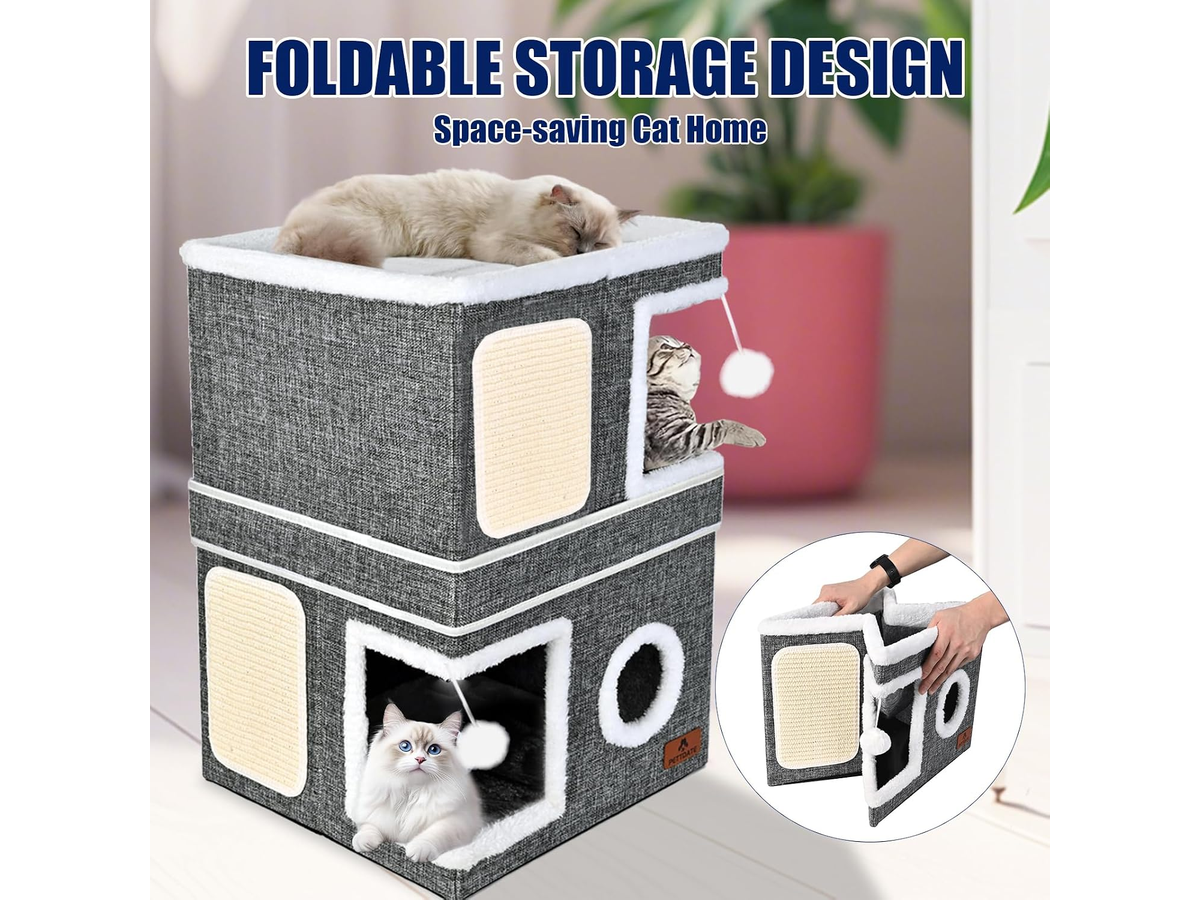 Cat House Foldable Cat Bed Cave with 2 Hideaway Condos Scratch Pads