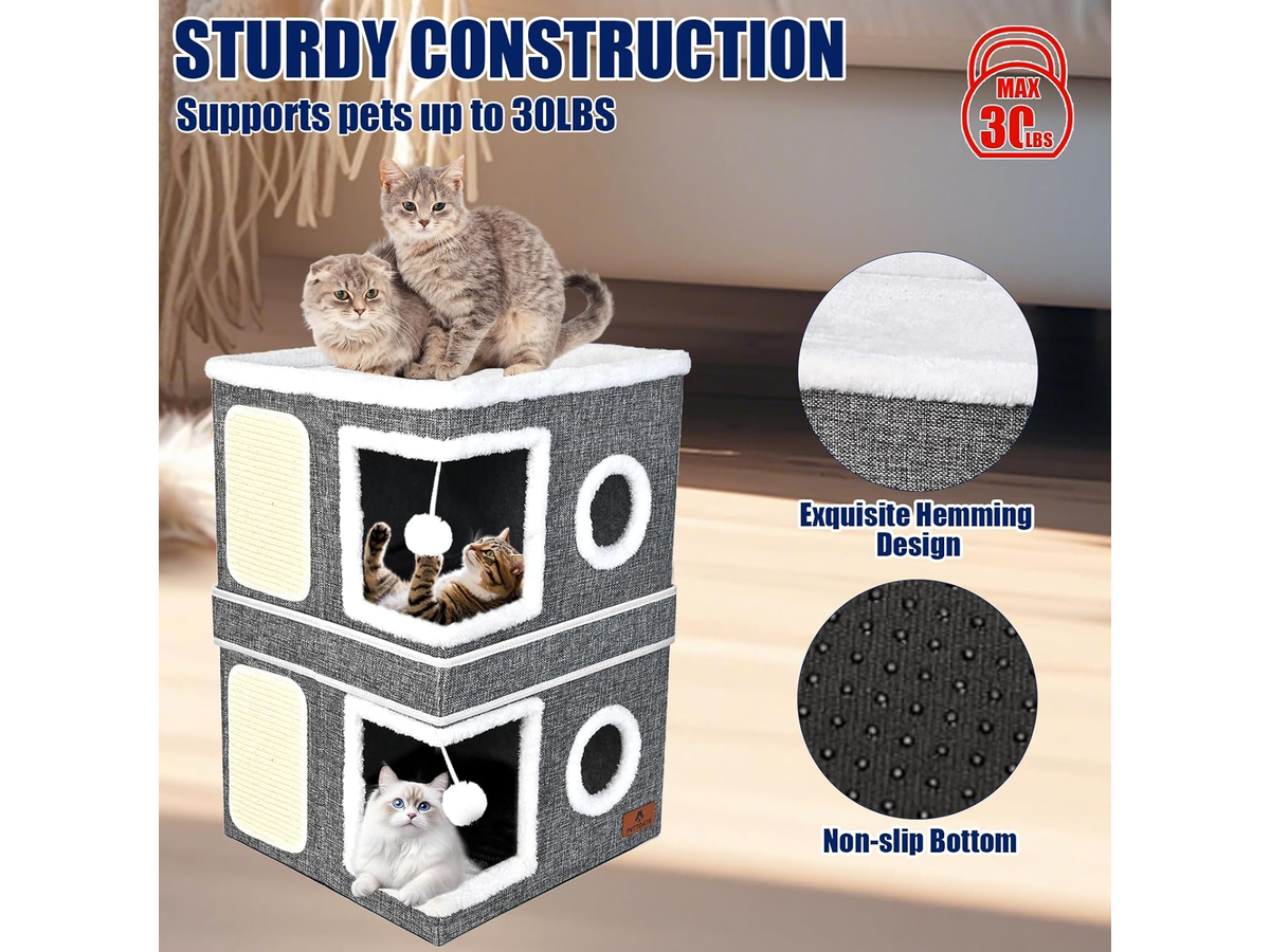 Cat House Foldable Cat Bed Cave with 2 Hideaway Condos Scratch Pads