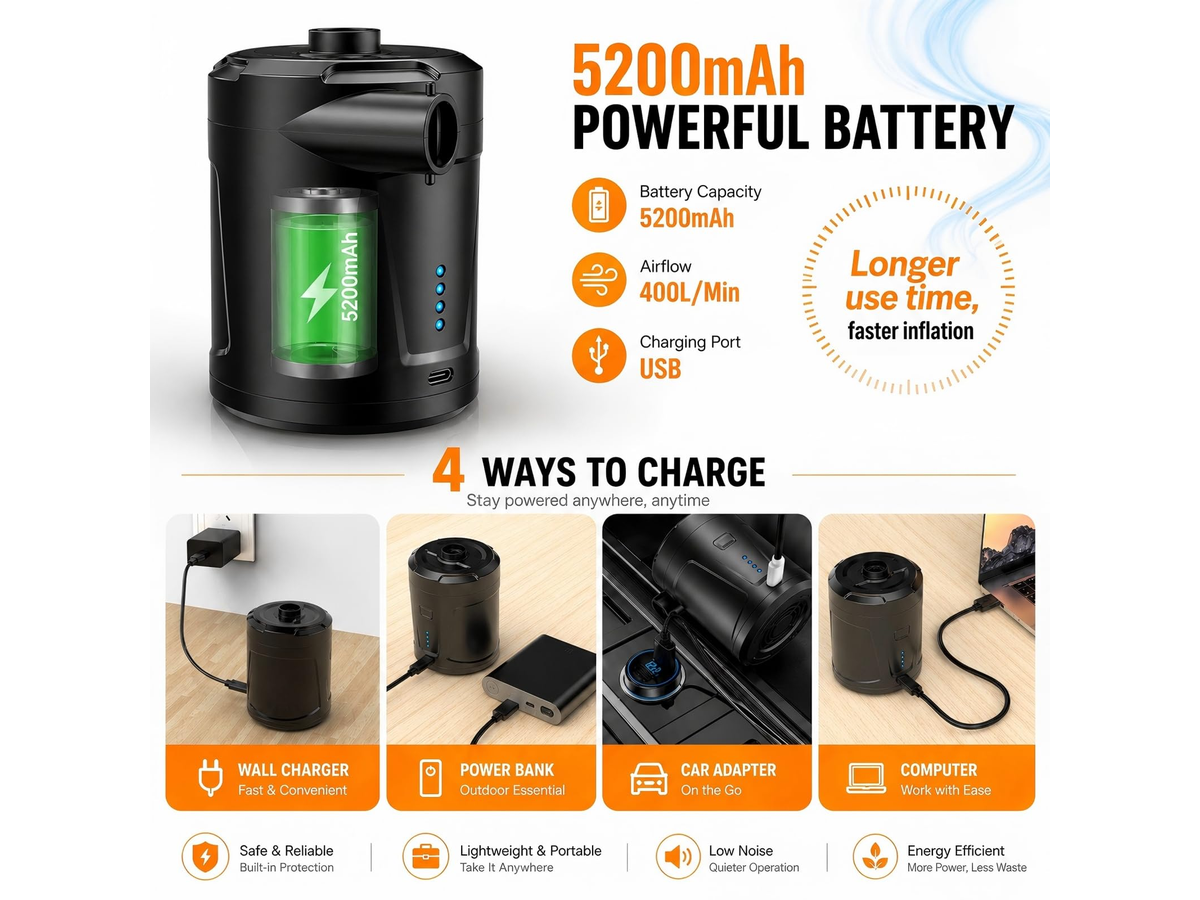 Portable Electric Air Pump 5200mAh Rechargeable Cordless Inflator Deflator