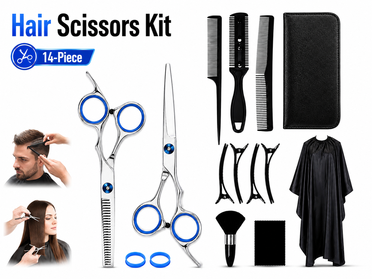 Professional Hair Scissors Kit 14 Piece Stainless Steel Hair Cutting Thinning Shears Set