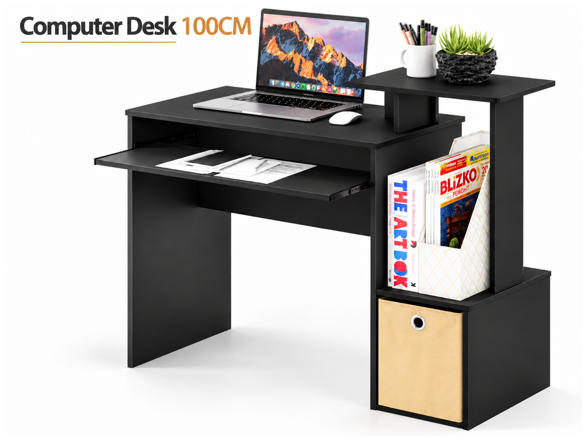 Computer Desk 100cm Home Office Study Desk with Keyboard Tray and Storage