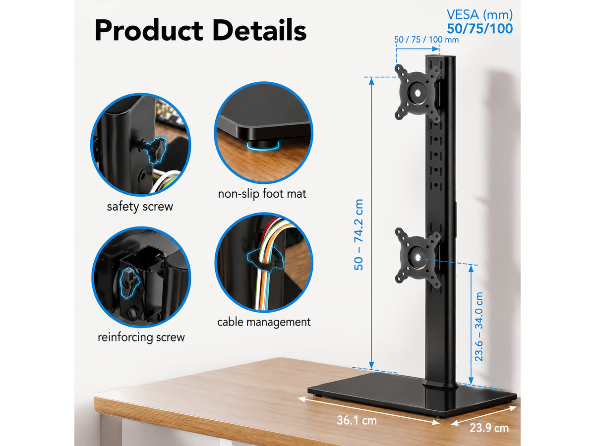 Vertical Dual Monitor Stand Adjustable Freestanding Desk Mount