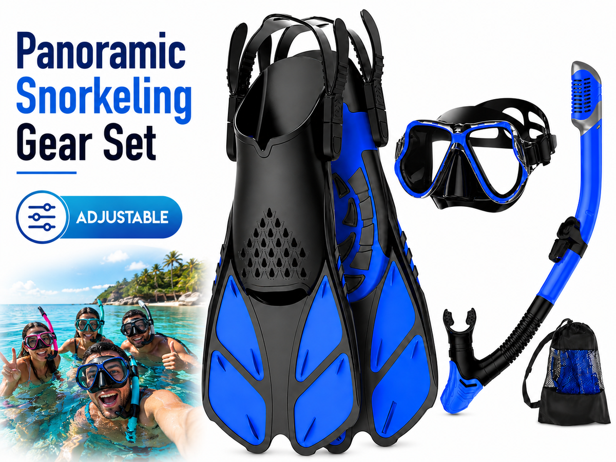Mask Fins Snorkel Set Panoramic Tempered Glass Mask Dry Top Snorkel Adjustable Fins