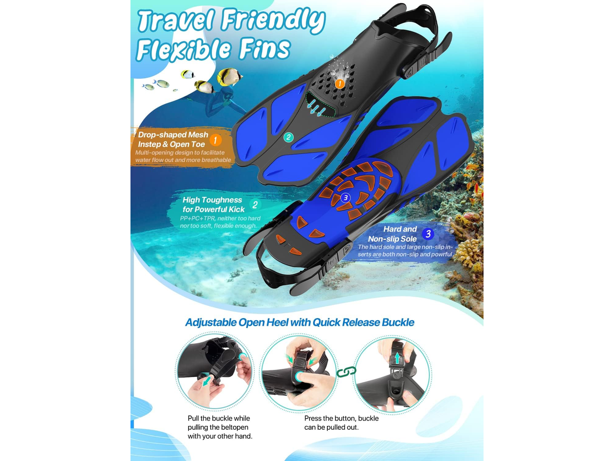 Mask Fins Snorkel Set Panoramic Tempered Glass Mask Dry Top Snorkel Adjustable Fins