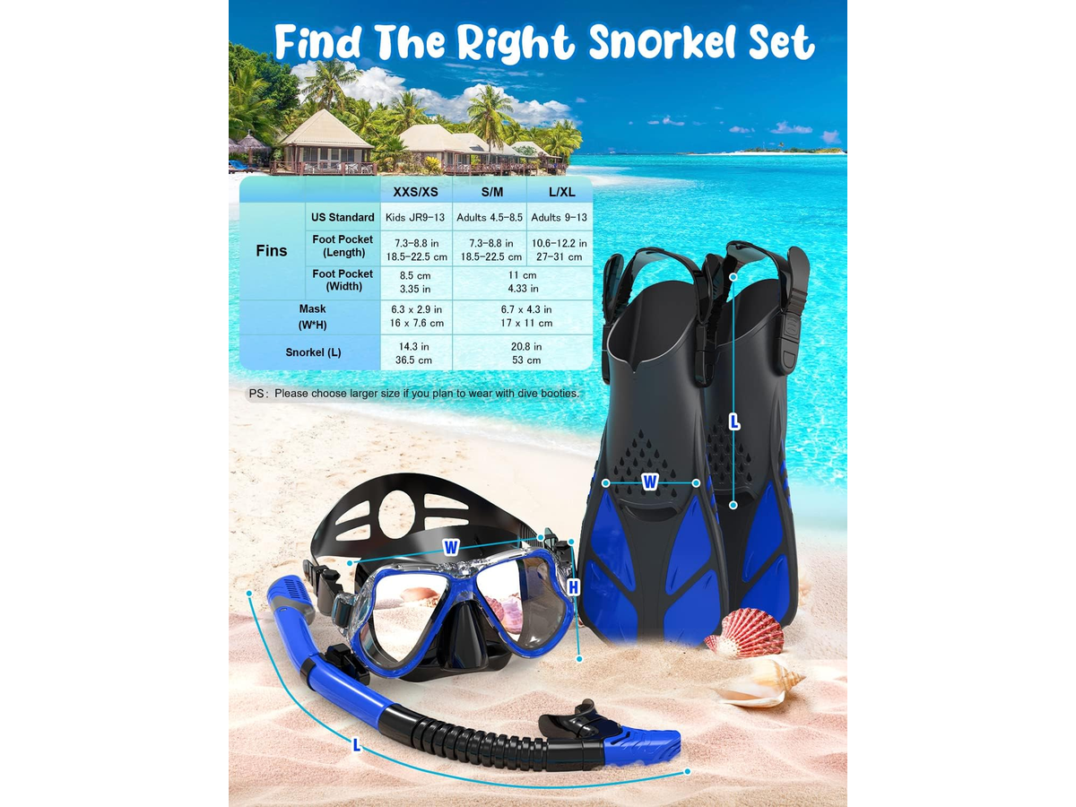 Mask Fins Snorkel Set Panoramic Tempered Glass Mask Dry Top Snorkel Adjustable Fins