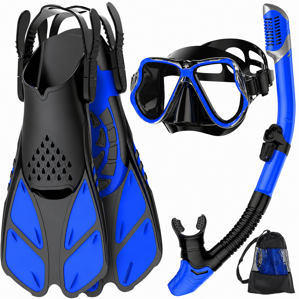Mask Fins Snorkel Set Panoramic Tempered Glass Mask Dry Top Snorkel Adjustable Fins