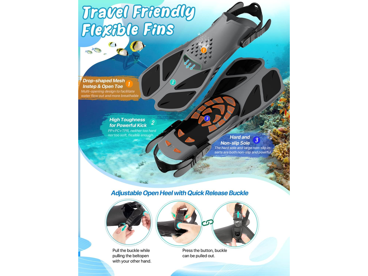Mask Fins Snorkel Set Panoramic Tempered Glass Mask Dry Top Snorkel Adjustable