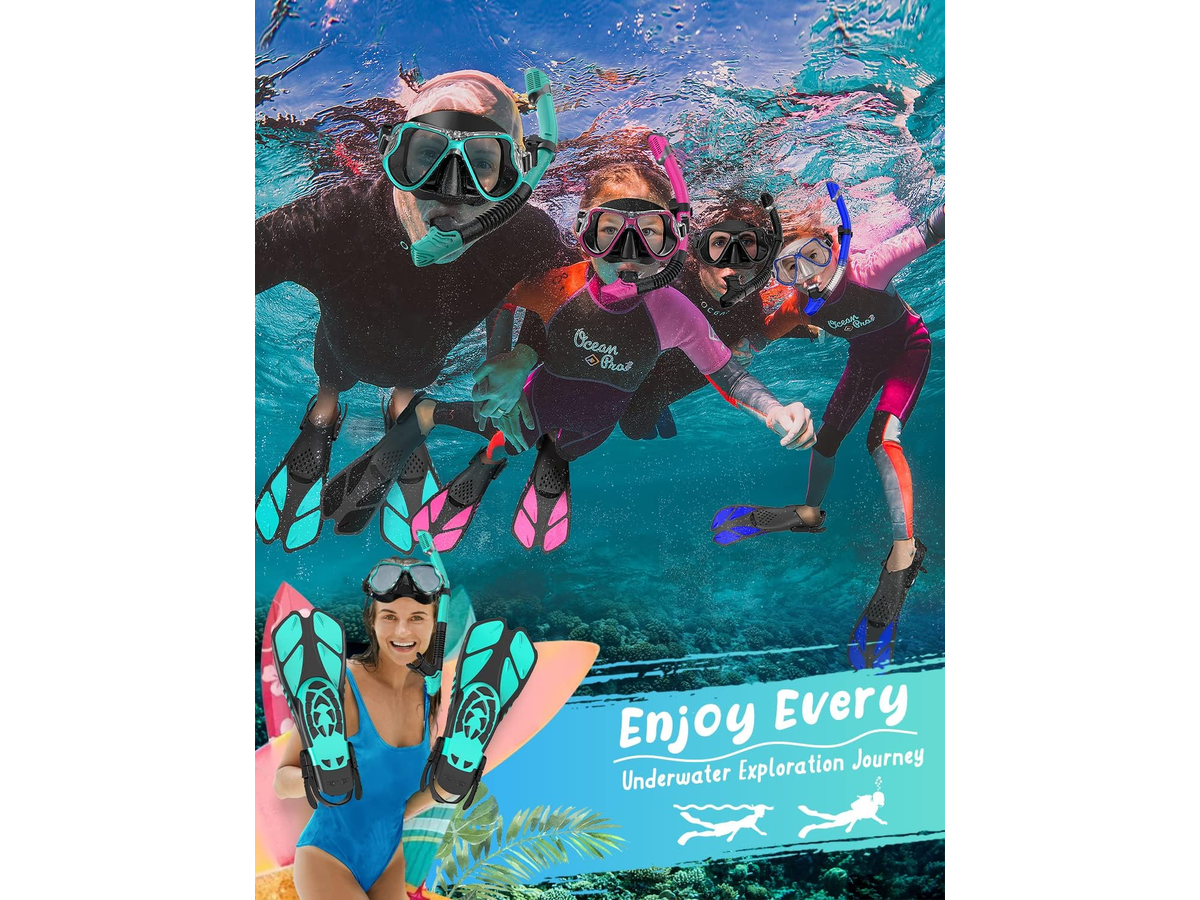Mask Fins Snorkel Set Panoramic Tempered Glass Mask Dry Top Snorkel Adjustable
