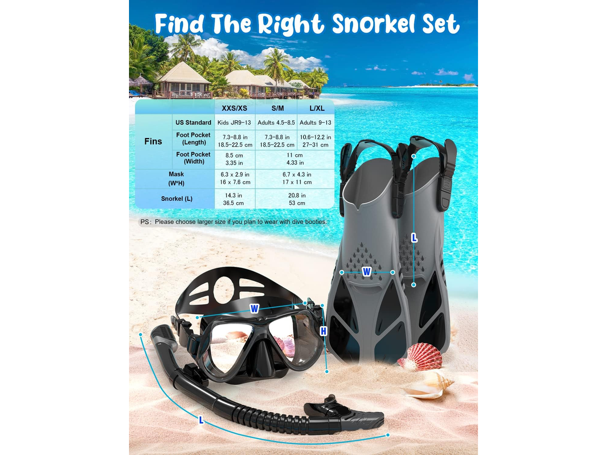 Mask Fins Snorkel Set Panoramic Tempered Glass Mask Dry Top Snorkel Adjustable