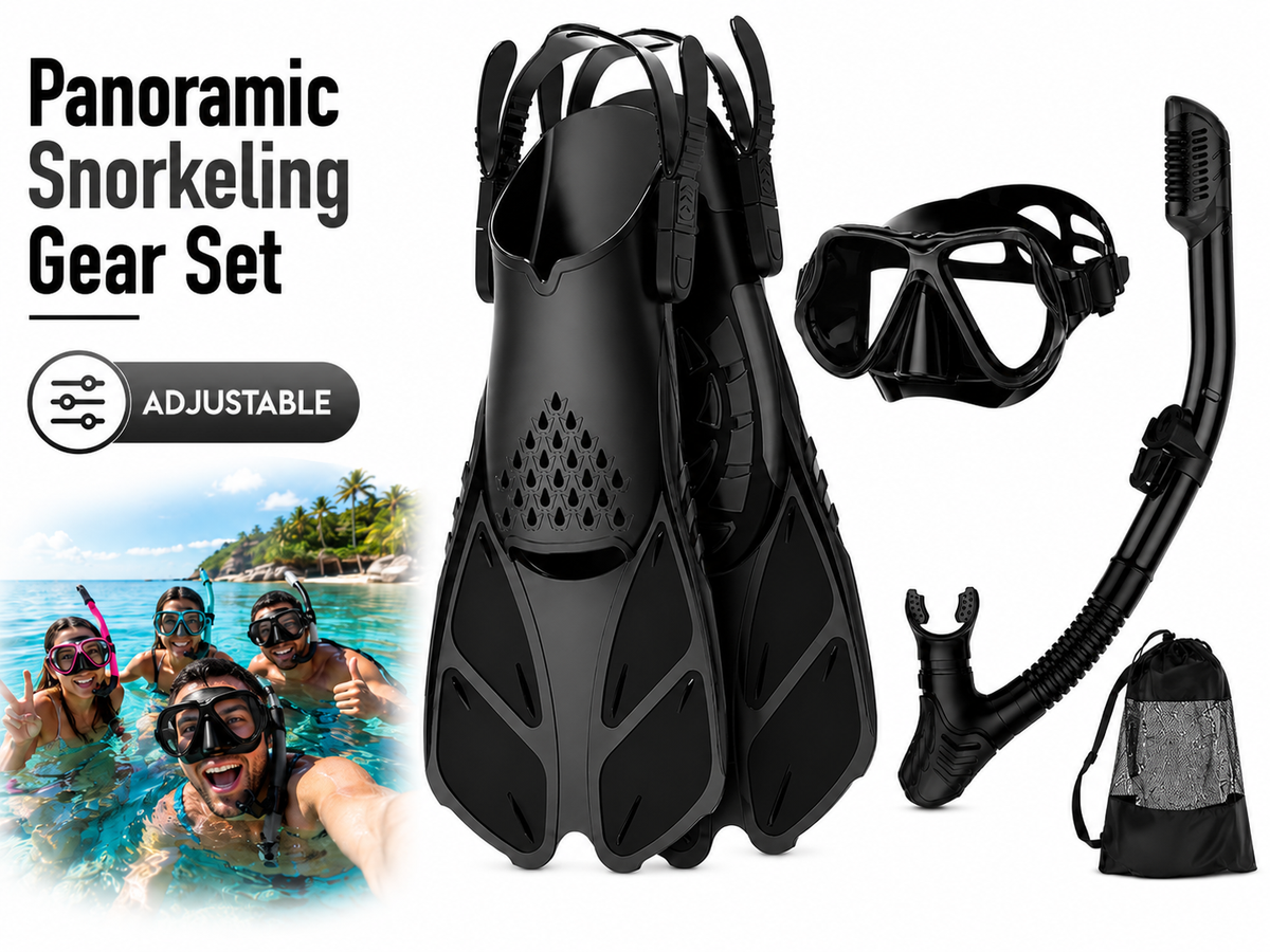 Mask Fins Snorkel Set Panoramic Tempered Glass Mask Dry Top Snorkel Adjustable