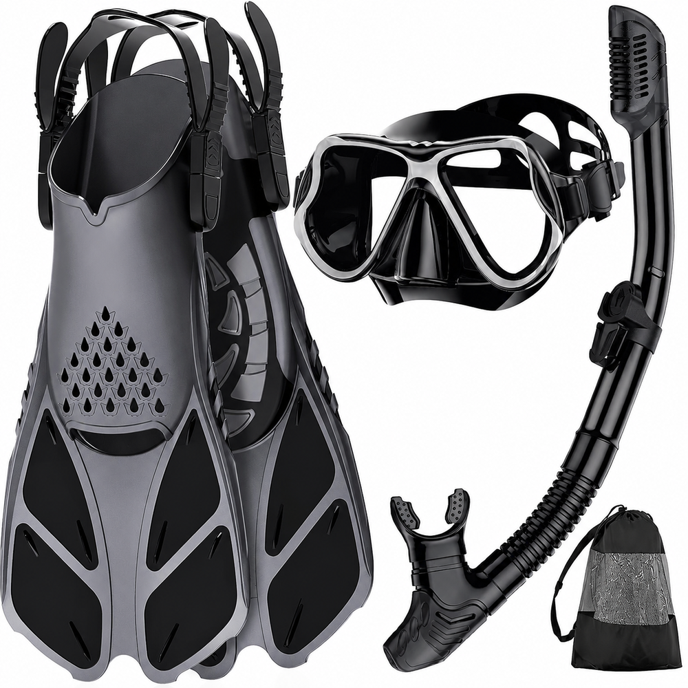 Mask Fins Snorkel Set Panoramic Tempered Glass Mask Dry Top Snorkel Adjustable