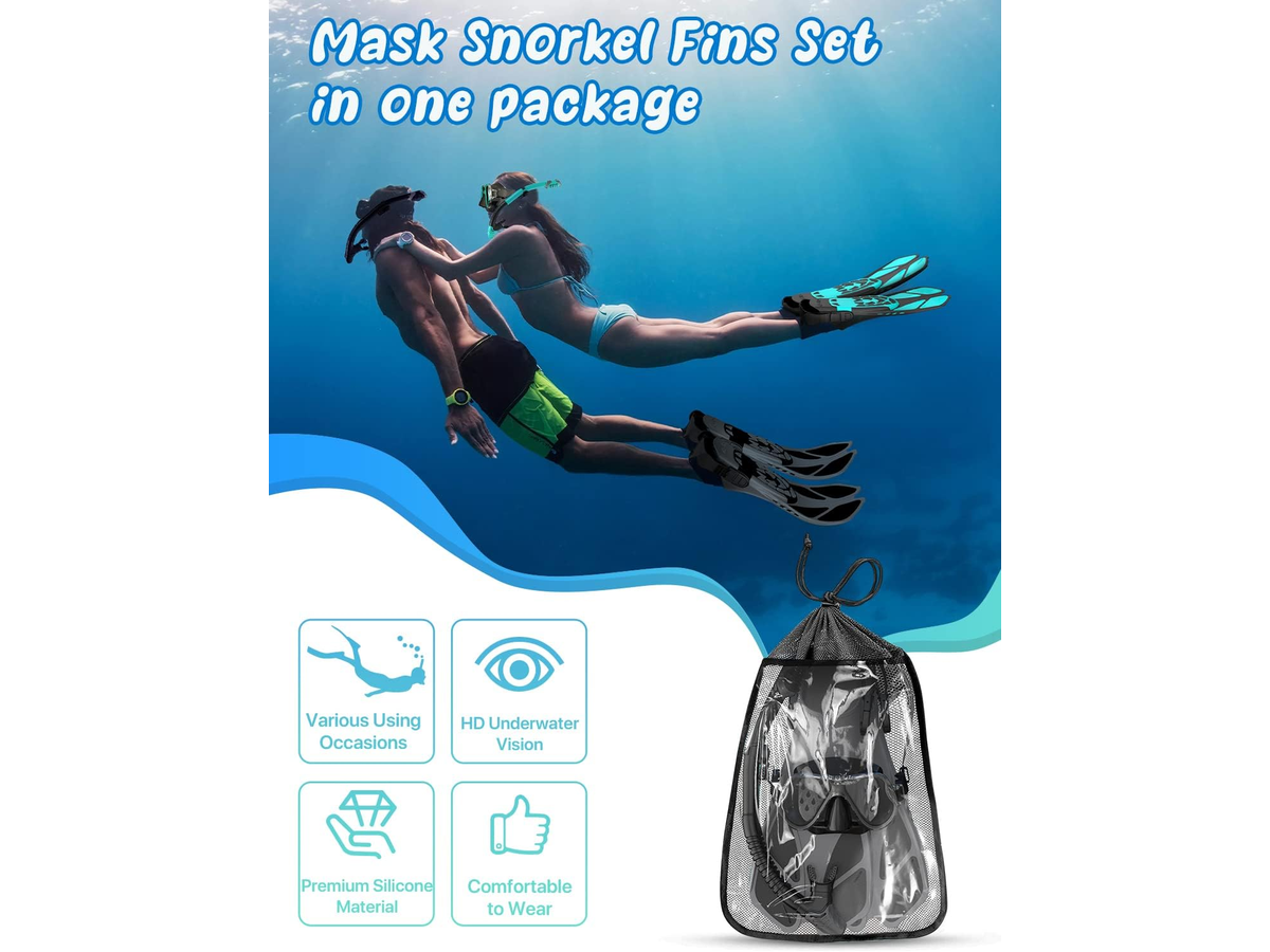 Mask Fins Snorkel Set Panoramic Temper Glass Mask Dry Top Snorkel Adjustable Fins