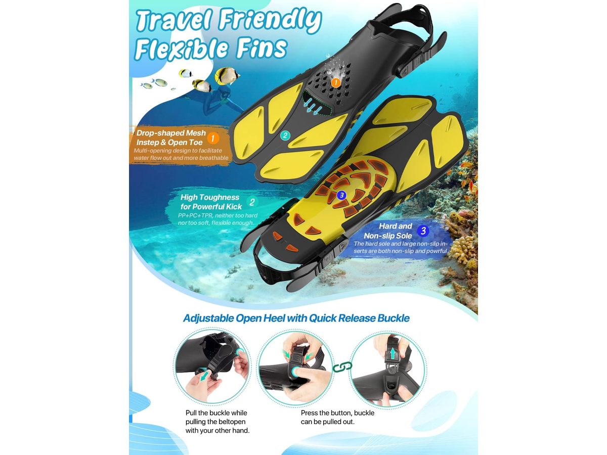 Mask Fins Snorkel Set Panoramic Tempered Glass Mask Dry Top Snorkel Adjustable