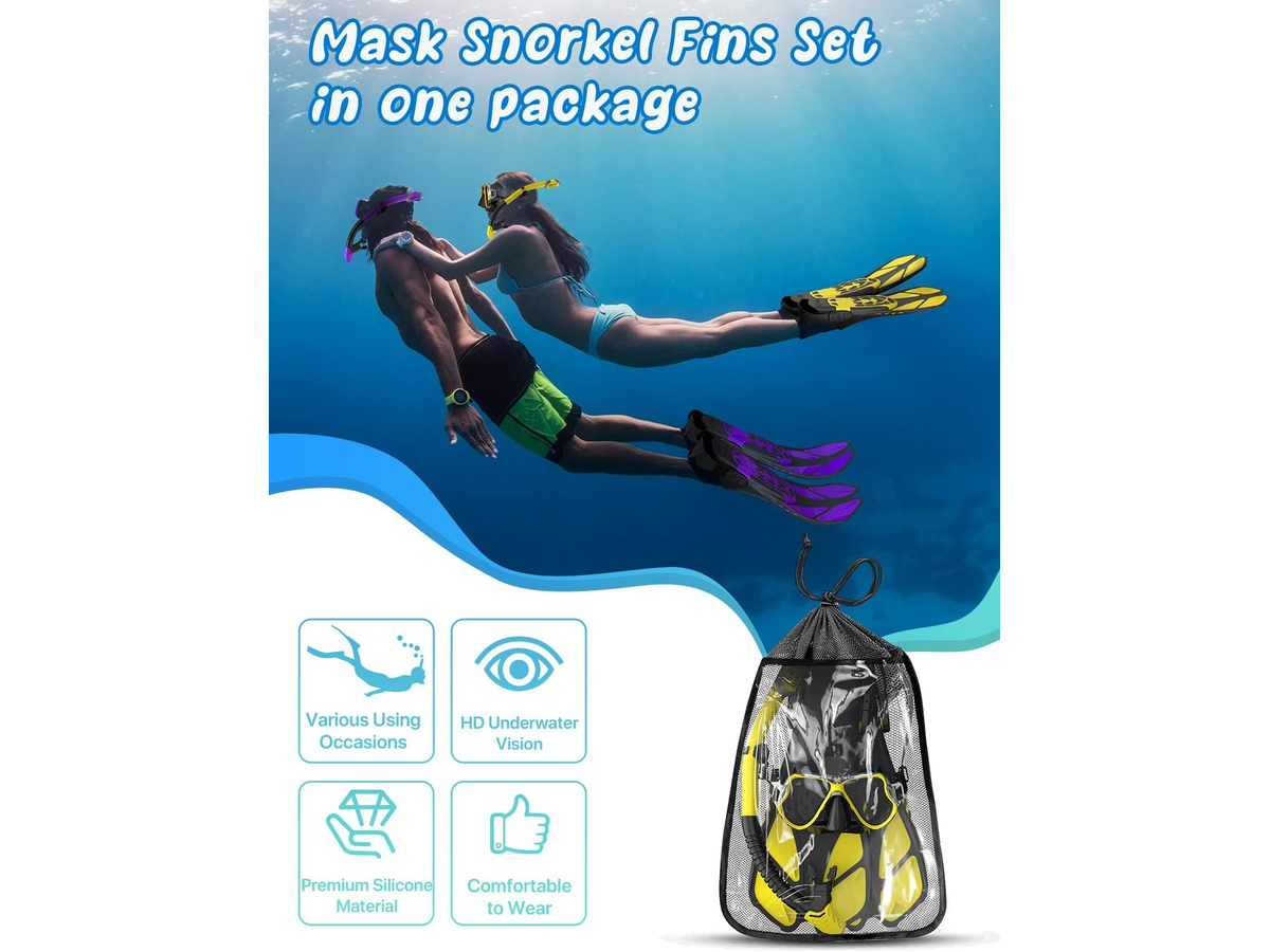 Mask Fins Snorkel Set Panoramic Tempered Glass Mask Dry Top Snorkel Adjustable