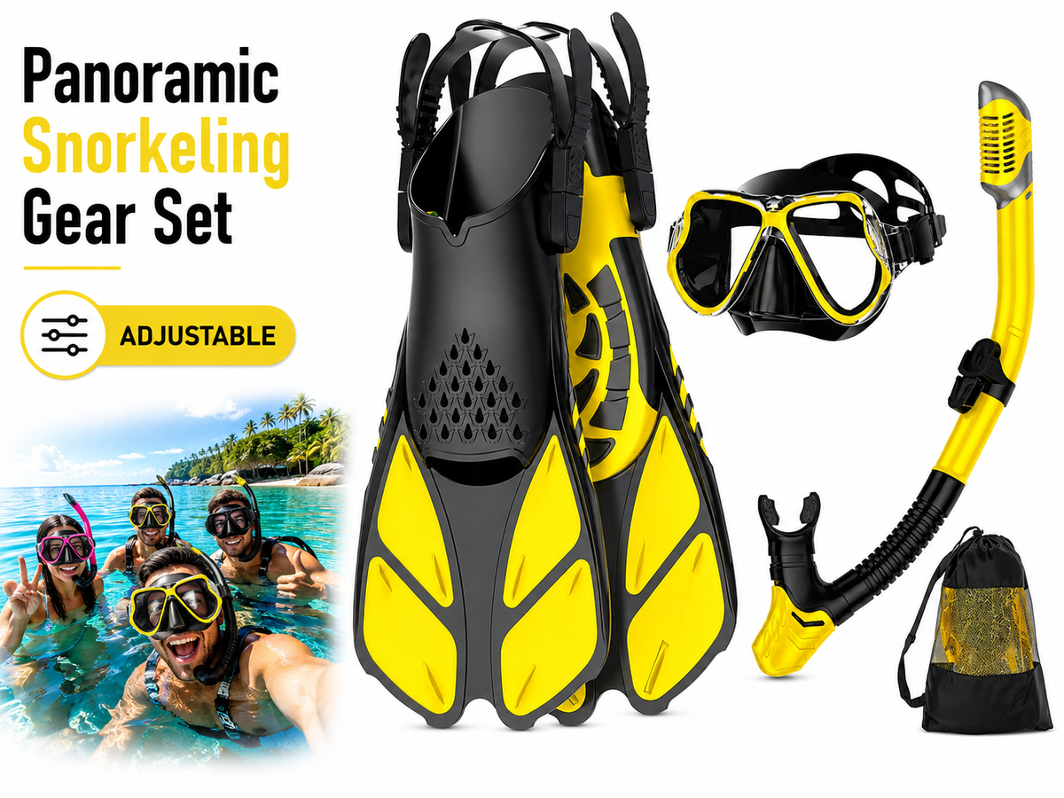 Mask Fins Snorkel Set Panoramic Tempered Glass Mask Dry Top Snorkel Adjustable