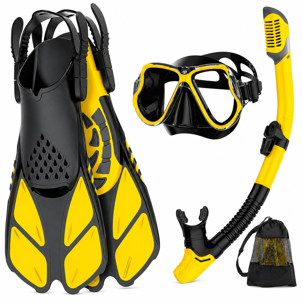 Mask Fins Snorkel Set Panoramic Tempered Glass Mask Dry Top Snorkel Adjustable