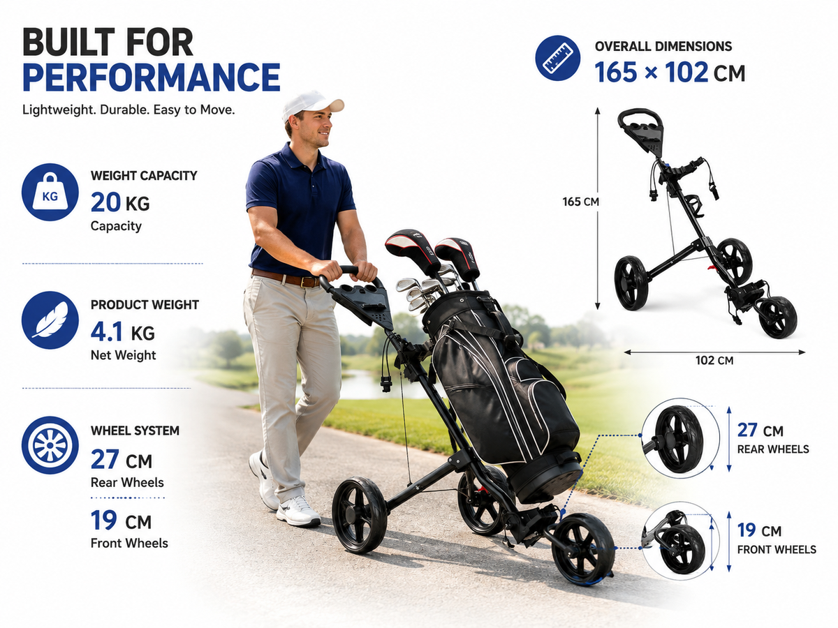 3 Wheel Golf Trundler Folding Golf Push Cart with Dual Brakes and Accessories