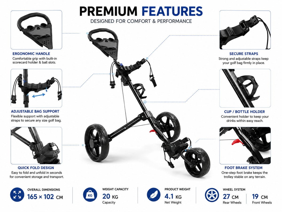 3 Wheel Golf Trundler Folding Golf Push Cart with Dual Brakes and Accessories
