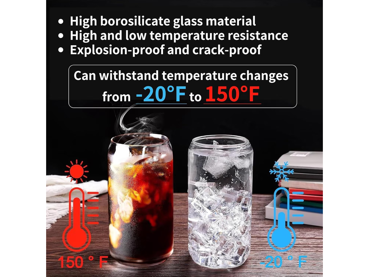 Iced Coffee Glass Cups 4 Pack 470ml with Bamboo Lids and Glass Straws
