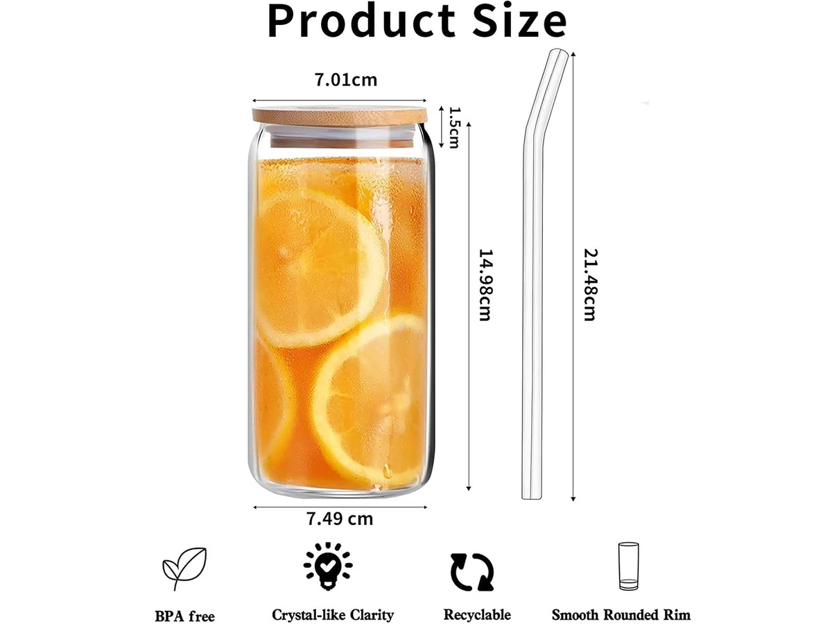 Iced Coffee Glass Cups 4 Pack 470ml with Bamboo Lids and Glass Straws