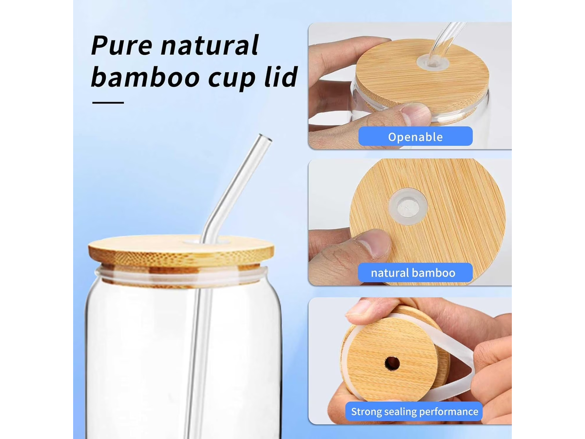 Iced Coffee Glass Cups 4 Pack 470ml with Bamboo Lids and Glass Straws